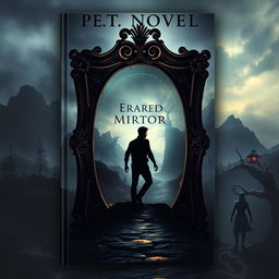 A book cover for a novel featuring a man stepping through a large, ornate mirror into a dark and mysterious world