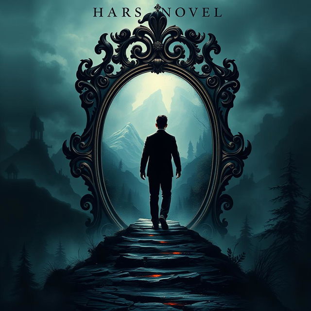 A book cover for a novel featuring a man stepping through a large, ornate mirror into a dark and mysterious world