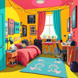 A 2D illustration of a vibrant room tailored for an extroverted rock enthusiast, designed in a 1:1 aspect ratio and inspired by the energetic style of the game IncrediBox