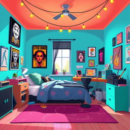 A 2D illustration of a vibrant room tailored for an extroverted rock enthusiast, designed in a 1:1 aspect ratio and inspired by the energetic style of the game IncrediBox