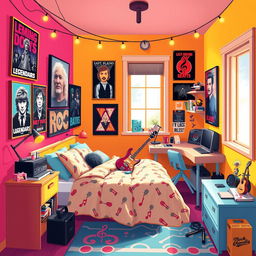 A 2D illustration of a vibrant room tailored for an extroverted rock enthusiast, designed in a 1:1 aspect ratio and inspired by the energetic style of the game IncrediBox