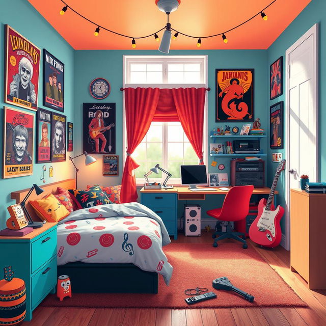 A 2D illustration of a vibrant room tailored for an extroverted rock enthusiast, designed in a 1:1 aspect ratio and inspired by the energetic style of the game IncrediBox