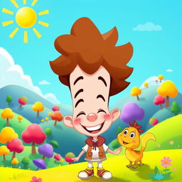 A vibrant cartoon scene featuring a whimsical landscape filled with colorful trees, rolling hills, and a bright blue sky