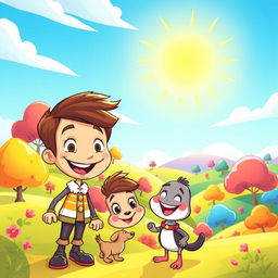 A vibrant cartoon scene featuring a whimsical landscape filled with colorful trees, rolling hills, and a bright blue sky