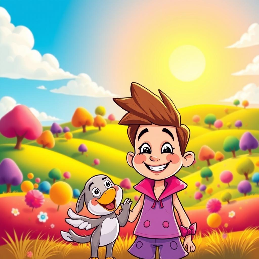 A vibrant cartoon scene featuring a whimsical landscape filled with colorful trees, rolling hills, and a bright blue sky