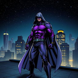 A striking superhero comic book cover featuring a masked figure dressed in a vibrant purple costume, complemented by a flowing gray hooded cloak