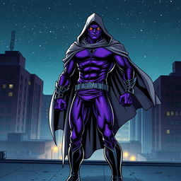 A striking superhero comic book cover featuring a masked figure dressed in a vibrant purple costume, complemented by a flowing gray hooded cloak
