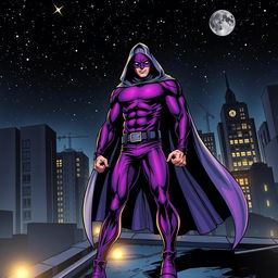 A striking superhero comic book cover featuring a masked figure dressed in a vibrant purple costume, complemented by a flowing gray hooded cloak