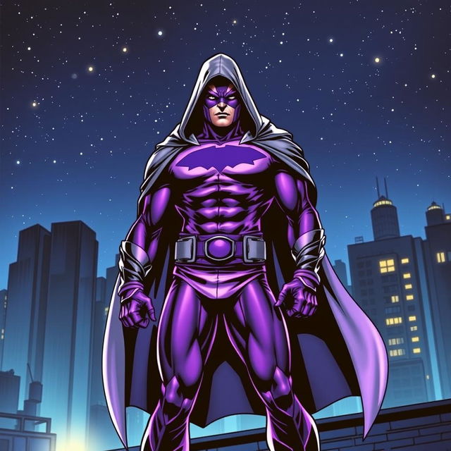 A striking superhero comic book cover featuring a masked figure dressed in a vibrant purple costume, complemented by a flowing gray hooded cloak