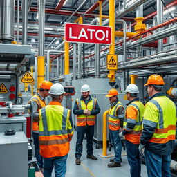 A high-quality image of a modern chemical plant, showcasing workers actively implementing safety systems like Lockout/Tagout (LOTO)