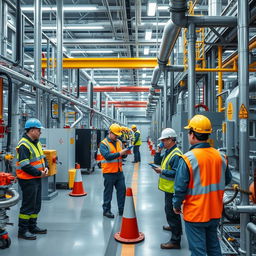 A high-quality image of a modern chemical plant, showcasing workers actively implementing safety systems like Lockout/Tagout (LOTO)