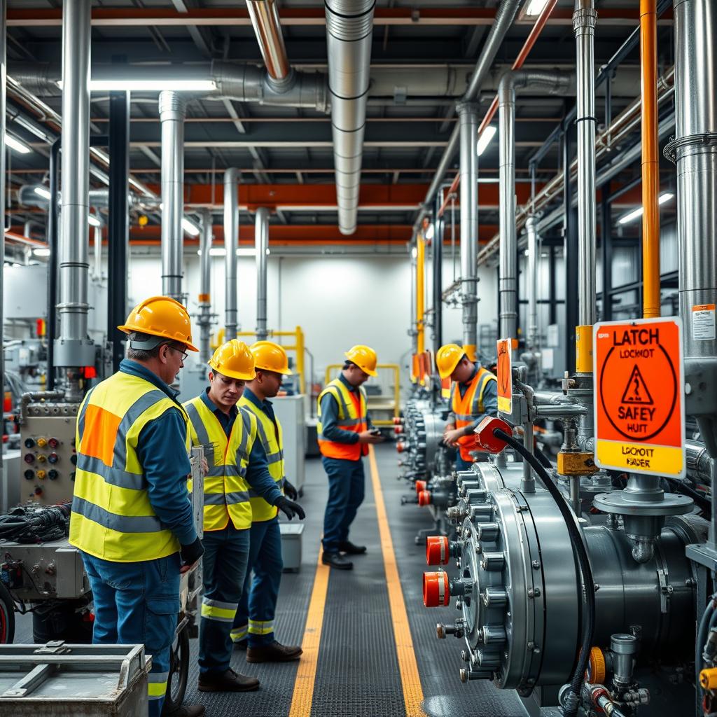 A high-quality image of a modern chemical plant, showcasing workers actively implementing safety systems like Lockout/Tagout (LOTO)