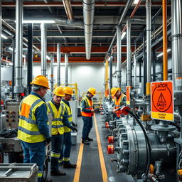 A high-quality image of a modern chemical plant, showcasing workers actively implementing safety systems like Lockout/Tagout (LOTO)