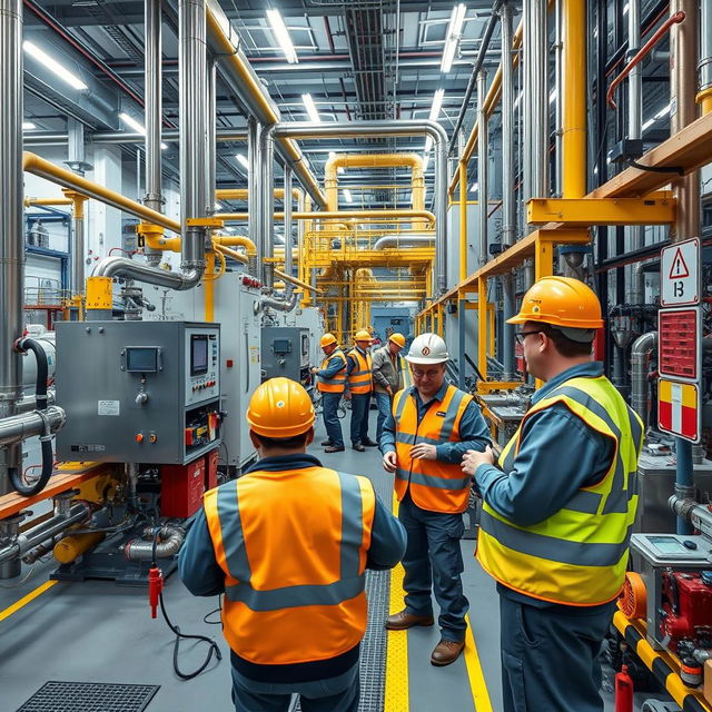 A high-quality image of a modern chemical plant, showcasing workers actively implementing safety systems like Lockout/Tagout (LOTO)