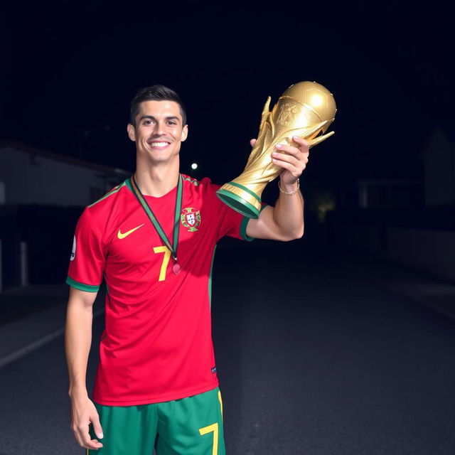 Cristiano Ronaldo standing proudly, wearing the Portugal national team jersey in red and green, holding the FIFA World Cup trophy