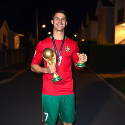 Cristiano Ronaldo standing proudly, wearing the Portugal national team jersey in red and green, holding the FIFA World Cup trophy