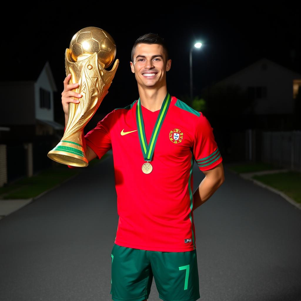 Cristiano Ronaldo standing proudly, wearing the Portugal national team jersey in red and green, holding the FIFA World Cup trophy