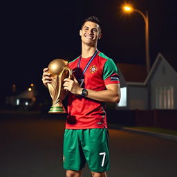 Cristiano Ronaldo standing proudly, wearing the Portugal national team jersey in red and green, holding the FIFA World Cup trophy