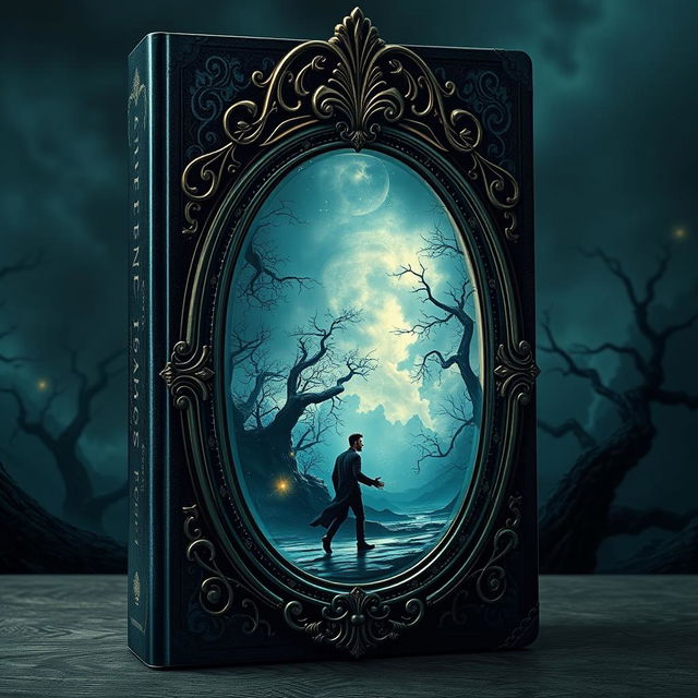 A captivating book cover for a novel depicting a man journeying through a beautifully crafted mirror into a dark and mysterious world