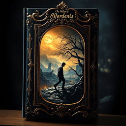 A captivating book cover for a novel depicting a man journeying through a beautifully crafted mirror into a dark and mysterious world