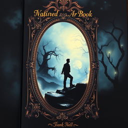 A captivating book cover for a novel depicting a man journeying through a beautifully crafted mirror into a dark and mysterious world