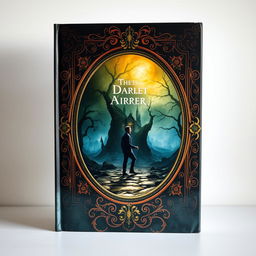 A captivating book cover for a novel depicting a man journeying through a beautifully crafted mirror into a dark and mysterious world