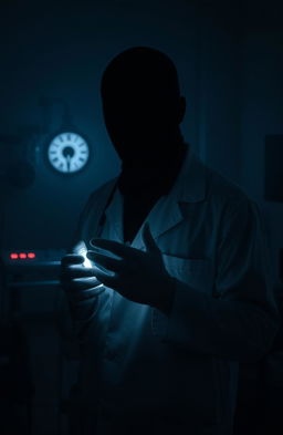 A mysterious doctor in a dark, moody environment, dressed in a classic white lab coat, but without a visible face