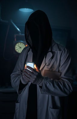 A mysterious doctor in a dark, moody environment, dressed in a classic white lab coat, but without a visible face