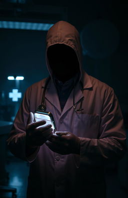 A mysterious doctor in a dark, moody environment, dressed in a classic white lab coat, but without a visible face