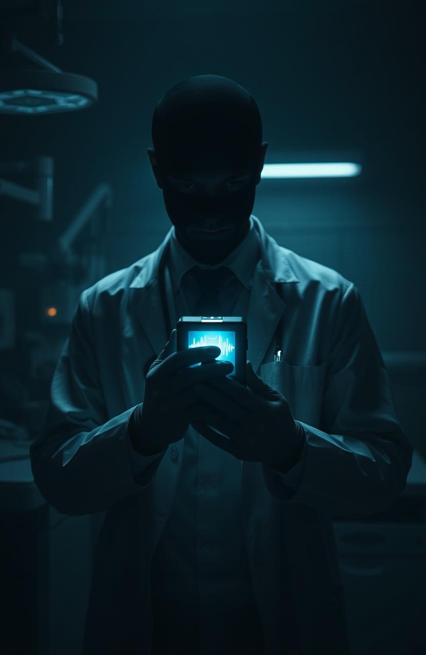 A mysterious doctor in a dark, moody environment, dressed in a classic white lab coat, but without a visible face