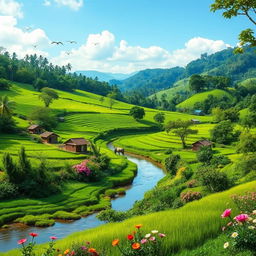 A lush, green landscape of Bangladesh, showcasing its stunning natural beauty with sprawling rice fields, vibrant tea gardens, and dense forests