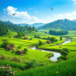 A lush, green landscape of Bangladesh, showcasing its stunning natural beauty with sprawling rice fields, vibrant tea gardens, and dense forests
