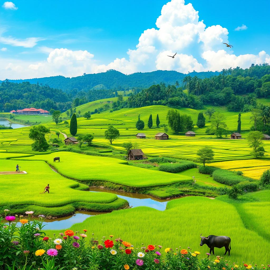 A lush, green landscape of Bangladesh, showcasing its stunning natural beauty with sprawling rice fields, vibrant tea gardens, and dense forests