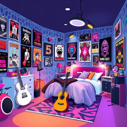 A 2D illustration of a vibrant room designed for an extroverted rock enthusiast, created in a 2:1 width to height ratio and inspired by the energetic style of the game IncrediBox