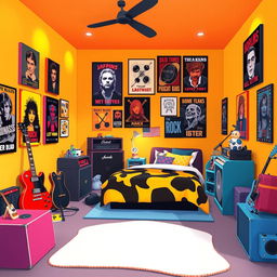 A 2D illustration of a vibrant room designed for an extroverted rock enthusiast, created in a 2:1 width to height ratio and inspired by the energetic style of the game IncrediBox