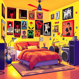 A 2D illustration of a vibrant room designed for an extroverted rock enthusiast, created in a 2:1 width to height ratio and inspired by the energetic style of the game IncrediBox