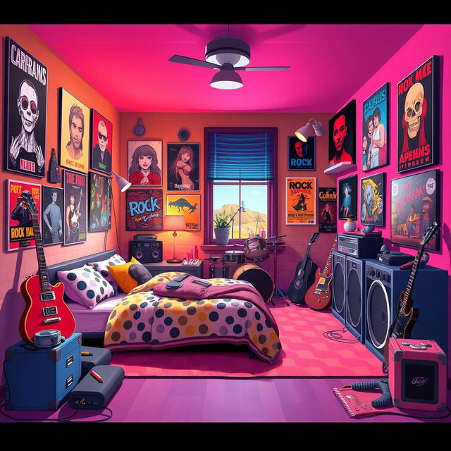 A 2D illustration of a vibrant room designed for an extroverted rock enthusiast, created in a 2:1 width to height ratio and inspired by the energetic style of the game IncrediBox