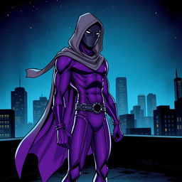 A captivating superhero comic book cover featuring a thin, masked figure dressed in a sleek purple costume, with a flowing gray hooded cloak