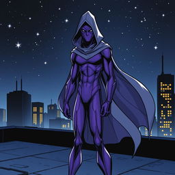 A captivating superhero comic book cover featuring a thin, masked figure dressed in a sleek purple costume, with a flowing gray hooded cloak
