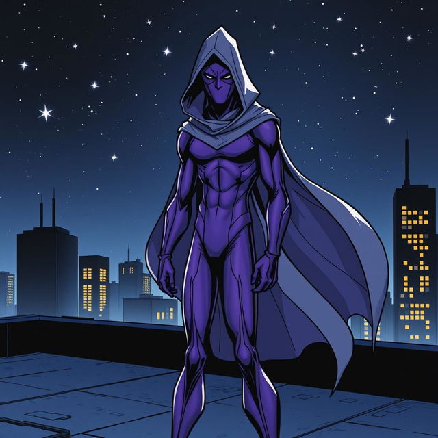 A captivating superhero comic book cover featuring a thin, masked figure dressed in a sleek purple costume, with a flowing gray hooded cloak