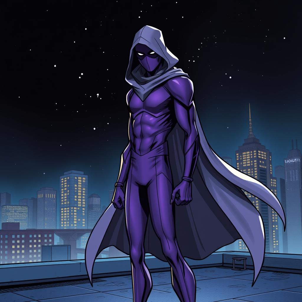 A captivating superhero comic book cover featuring a thin, masked figure dressed in a sleek purple costume, with a flowing gray hooded cloak