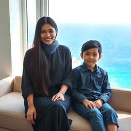 A beautiful Indonesian woman, 18 years old, stylishly dressed, with long straight hair covering her ears, is sitting on a sofa beside her 15-year-old younger brother