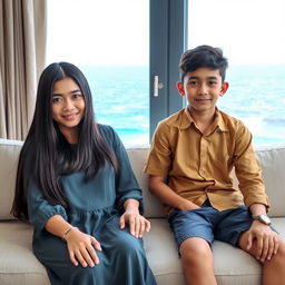 A beautiful Indonesian woman, 18 years old, stylishly dressed, with long straight hair covering her ears, is sitting on a sofa beside her 15-year-old younger brother