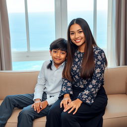 A beautiful Indonesian woman, 18 years old, stylishly dressed, with long straight hair covering her ears, is sitting on a sofa beside her 15-year-old younger brother