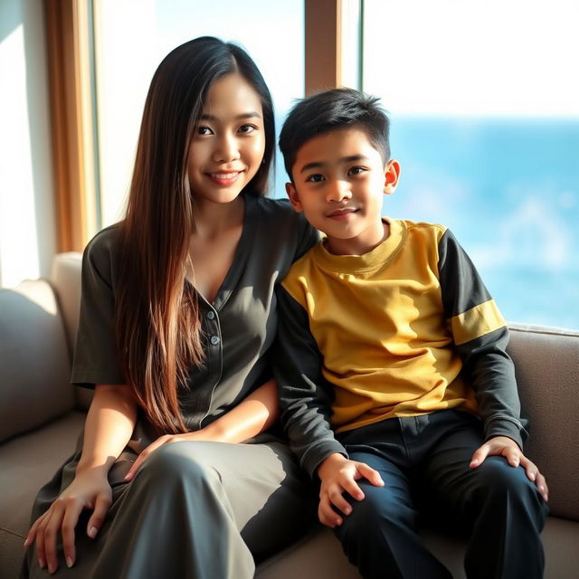 A beautiful Indonesian woman, 18 years old, stylishly dressed, with long straight hair covering her ears, is sitting on a sofa beside her 15-year-old younger brother