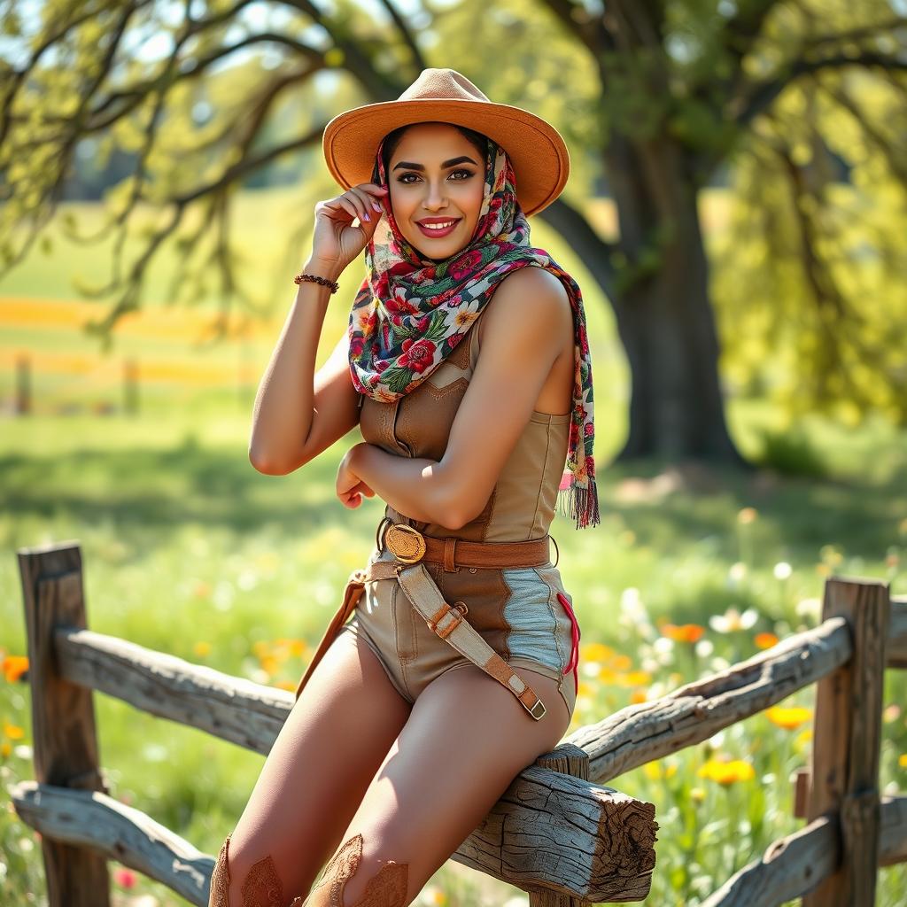 A stunning Arab woman wearing a colorful hijab, styled in a sexy cowgirl outfit, confidently sitting on a rustic wooden fence in a sunny countryside setting