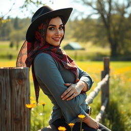 A stunning Arab woman wearing a colorful hijab, styled in a sexy cowgirl outfit, confidently sitting on a rustic wooden fence in a sunny countryside setting
