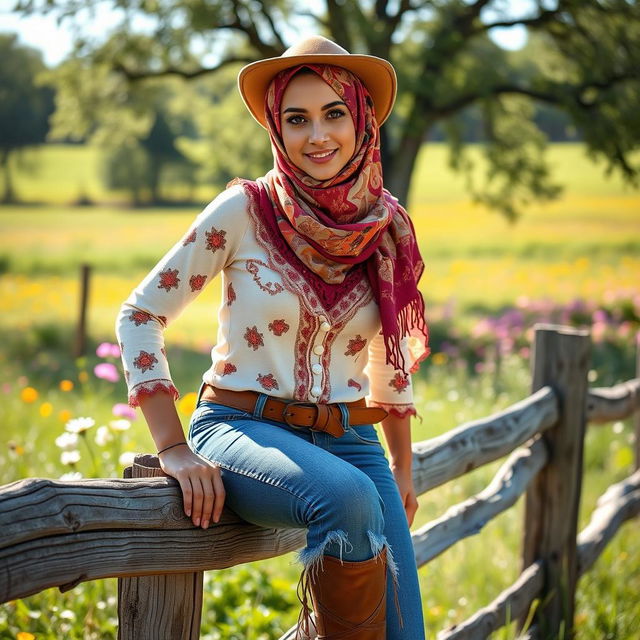 A stunning Arab woman wearing a colorful hijab, styled in a sexy cowgirl outfit, confidently sitting on a rustic wooden fence in a sunny countryside setting