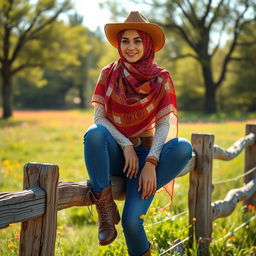 A stunning Arab woman wearing a colorful hijab, styled in a sexy cowgirl outfit, confidently sitting on a rustic wooden fence in a sunny countryside setting