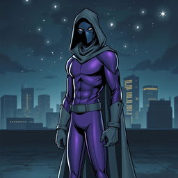 An eye-catching superhero comic book cover featuring a thin, masked figure dressed in a sleek purple costume adorned with gray gloves